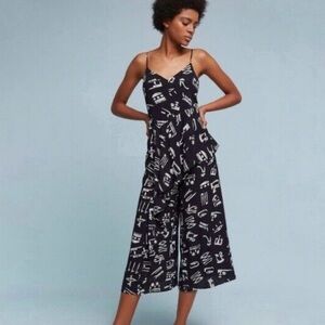 Anthropologie Maeve Black Day Trip Cropped Wide Leg Printed Jumpsuit, Size 12
